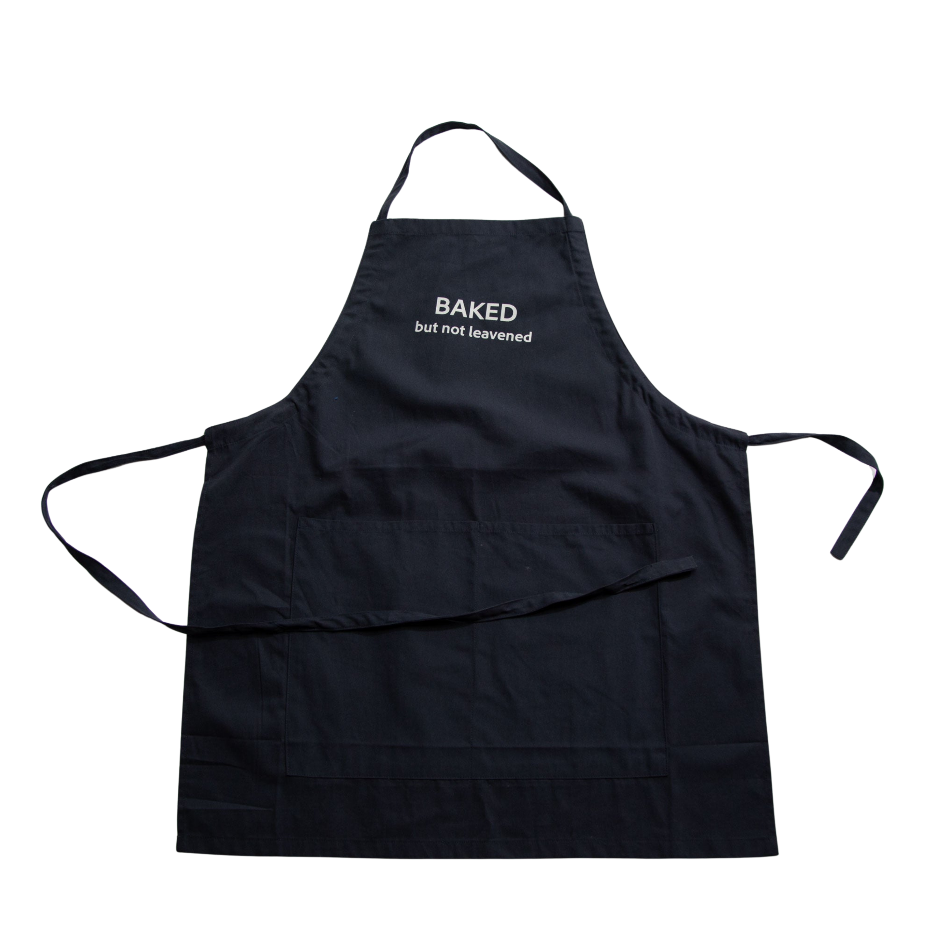 Black apron with 'Baked but not leavened' text on a white background