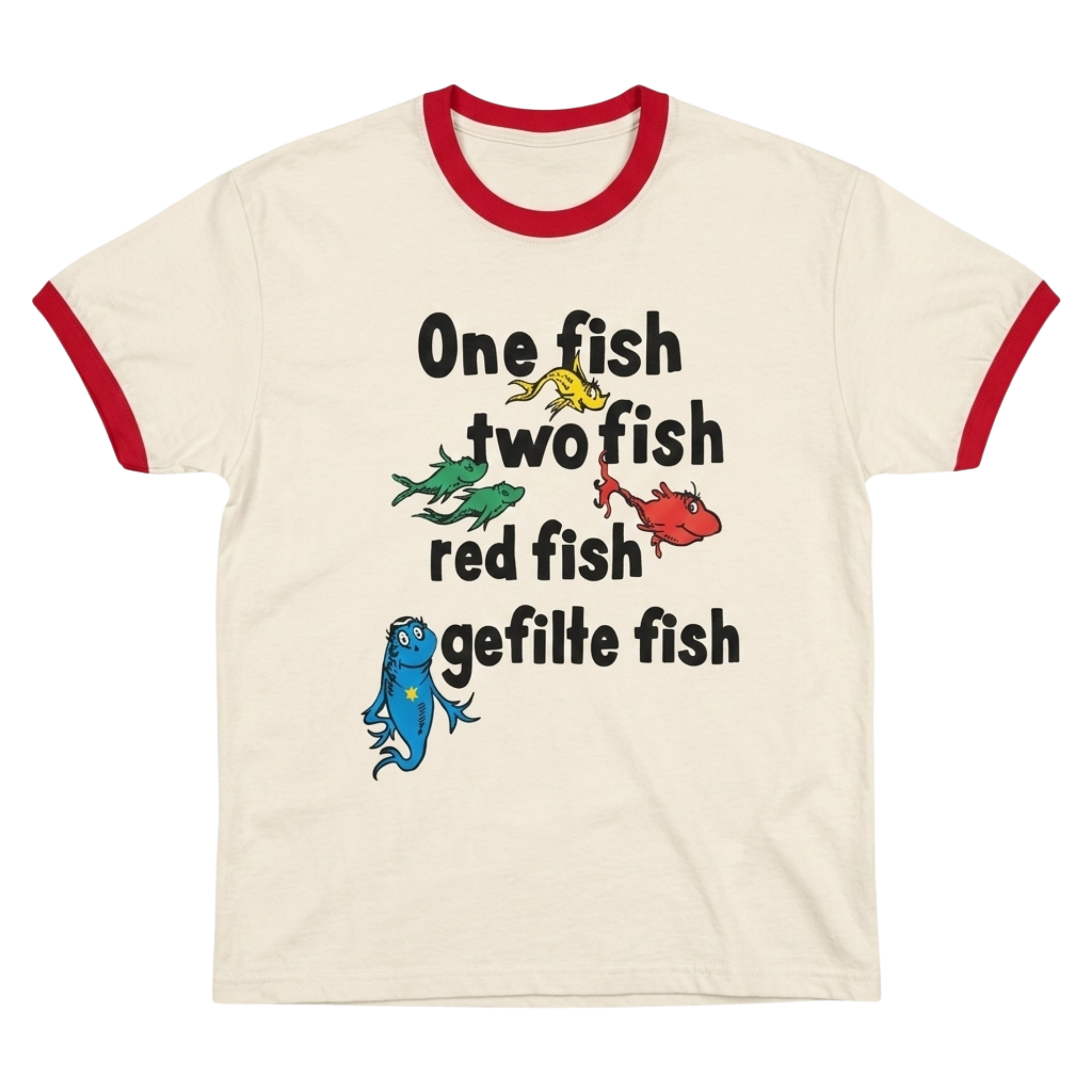 Beige t-shirt with colorful fish illustrations and text on a white background
