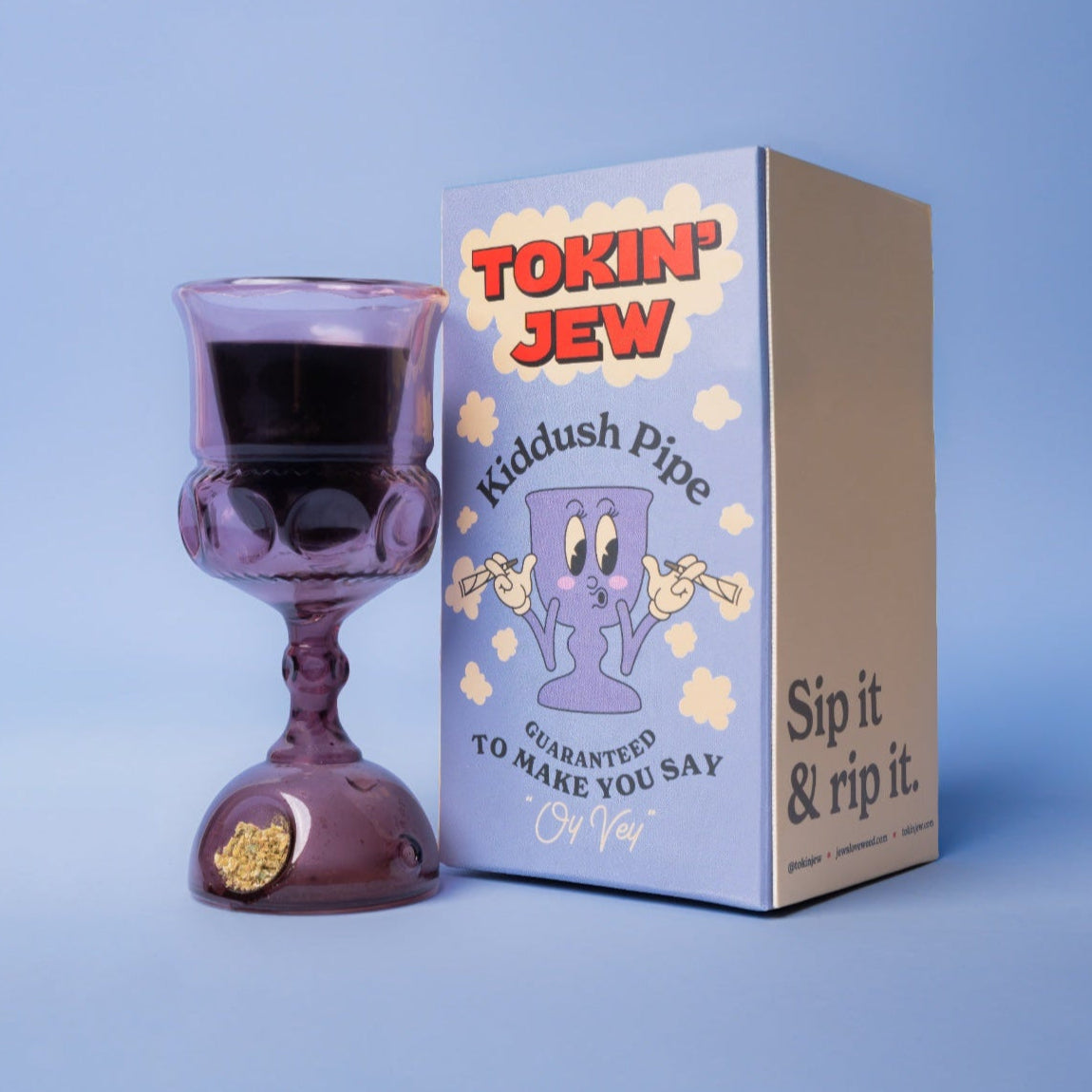 Purple kiddush cup with 'Tokin' Jew' box on a blue background