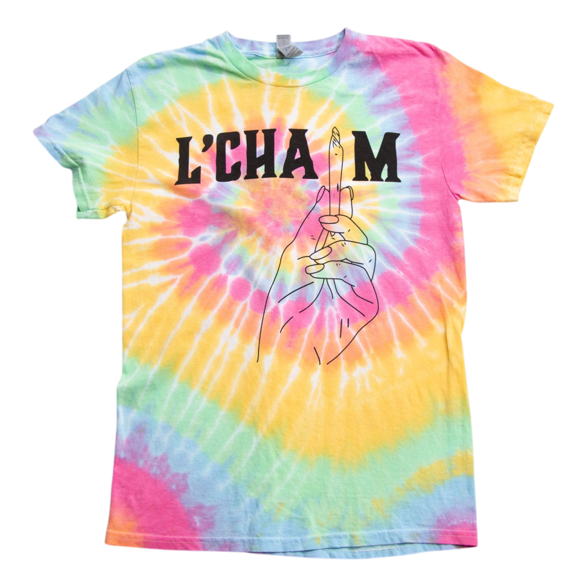 Tie-dye t-shirt with 'L'CHAIM' text and hand design on a white background