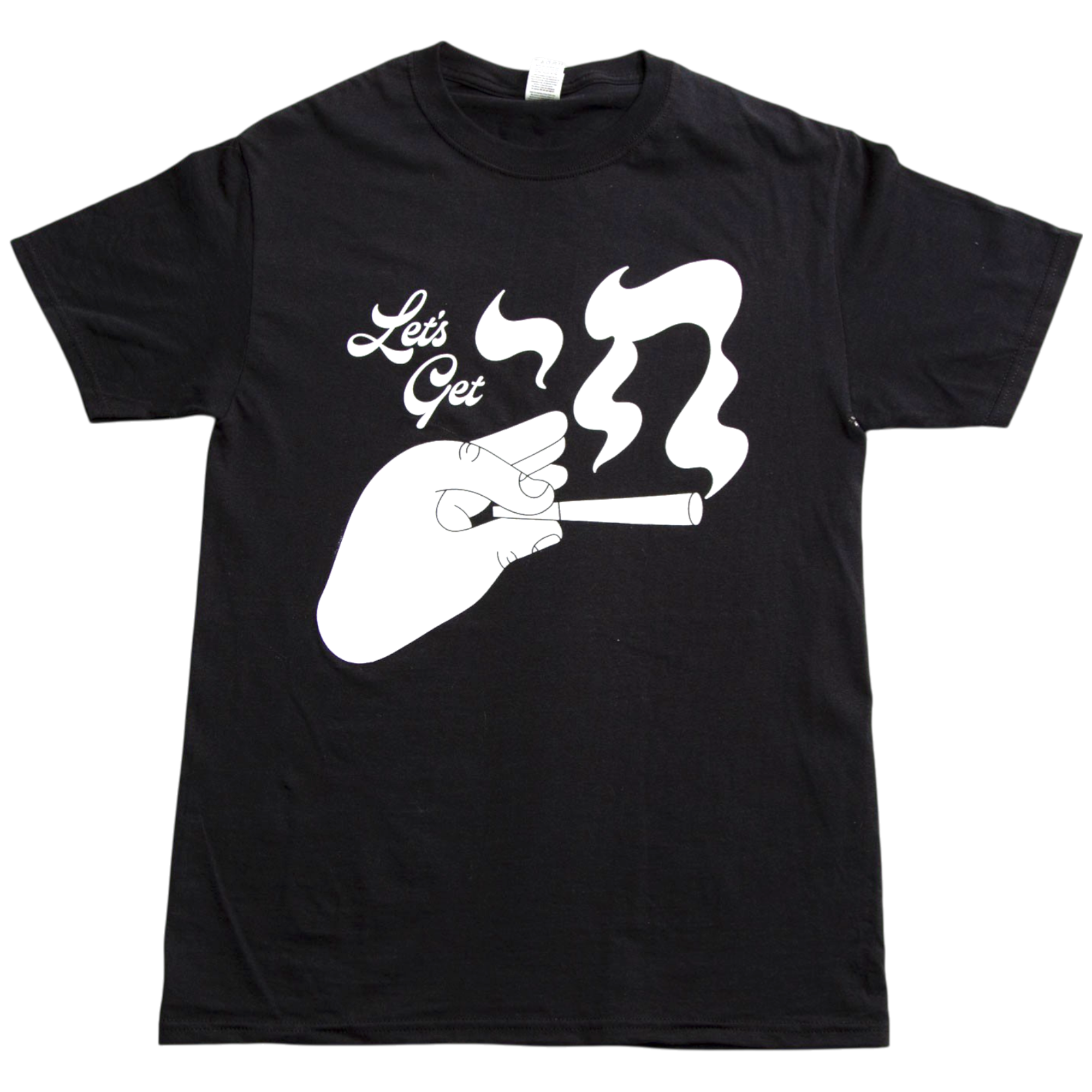 Black t-shirt with a graphic of a hand holding a cigarette and text 'Let's Get' Chai, on a white background.