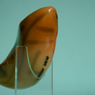 Shofar on a clear stand against a teal background