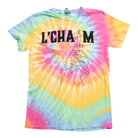Tie-dye t-shirt with 'L'CHAIM' text and hand design on a white background