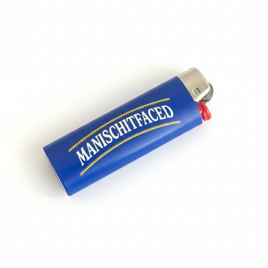 Blue lighter with 'Manischitfaced' branding on a white background