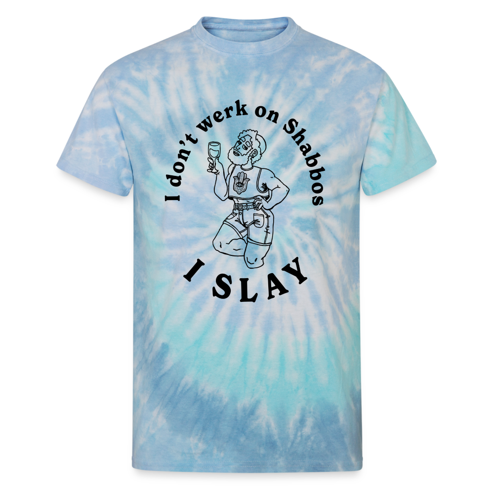 I Slay On Shabbos Tie Dye T-Shirt - blue lagoon