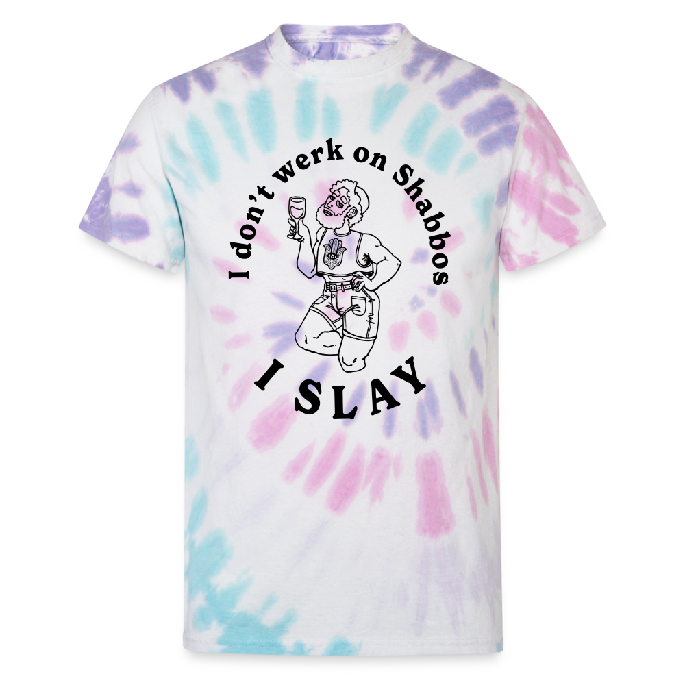 I Slay On Shabbos Tie Dye T-Shirt - Pastel Spiral